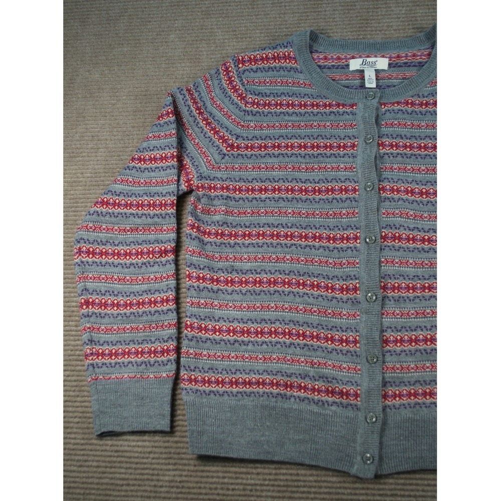G.H. Bass Fair Isle Cardigan Sweater Gray Red Knit Button Front L Flawed - Picture 3 of 10